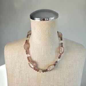 Brown Necklace with Organic Beads and Metallic Links